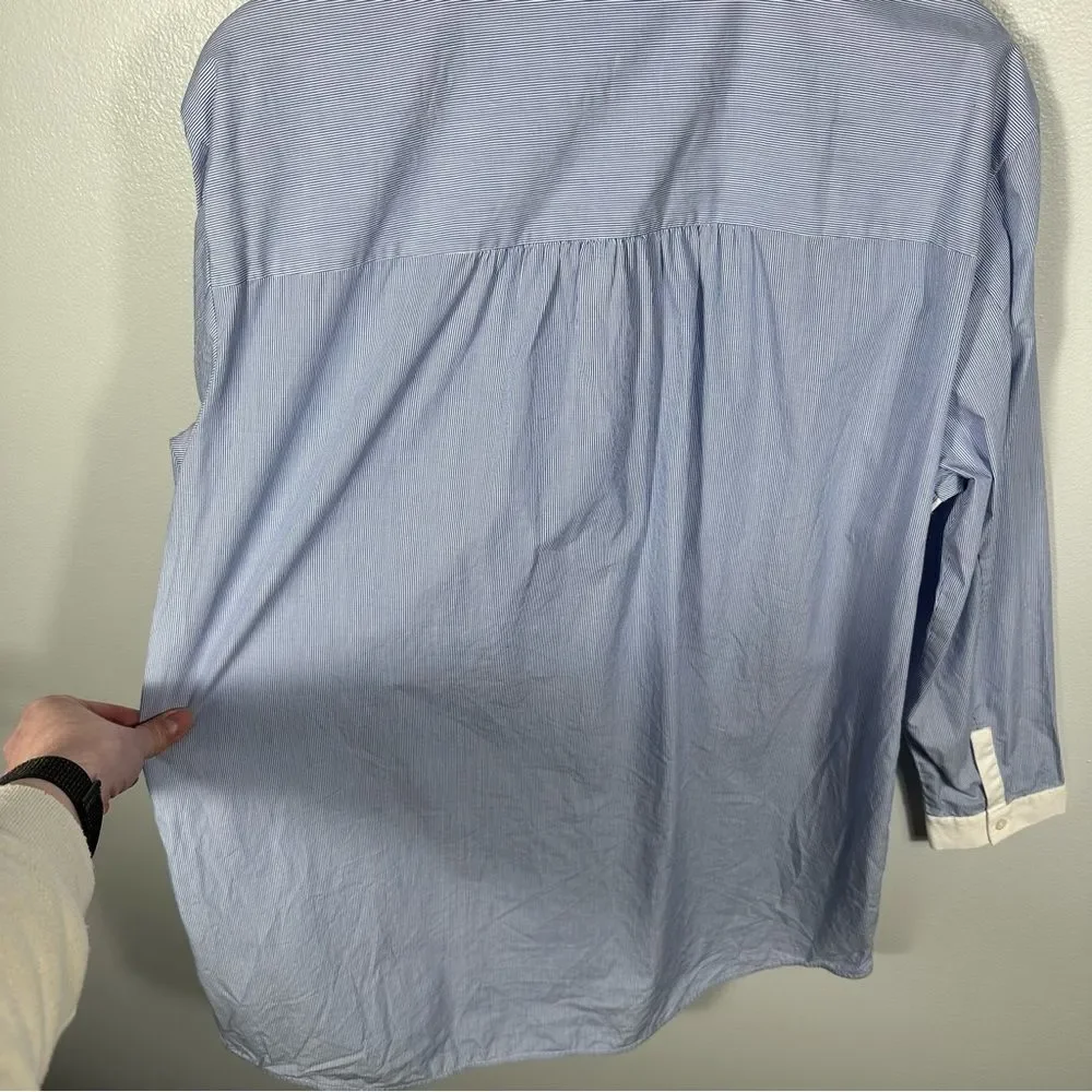 Lafayette 148 Blue White Pinstripe Chambray Colorblock Tunic Blouse Size Medium - Picture 12 of 15